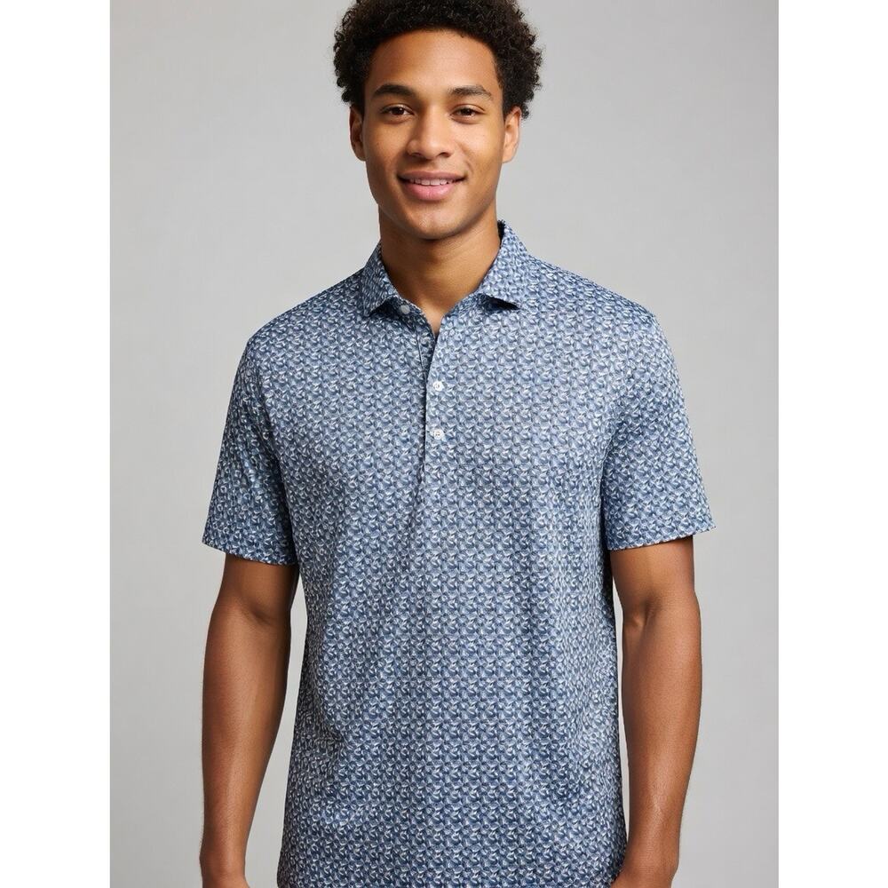 Johnnie O Mens XL Polo Blue With Palm Tree Patterns Performance Golf